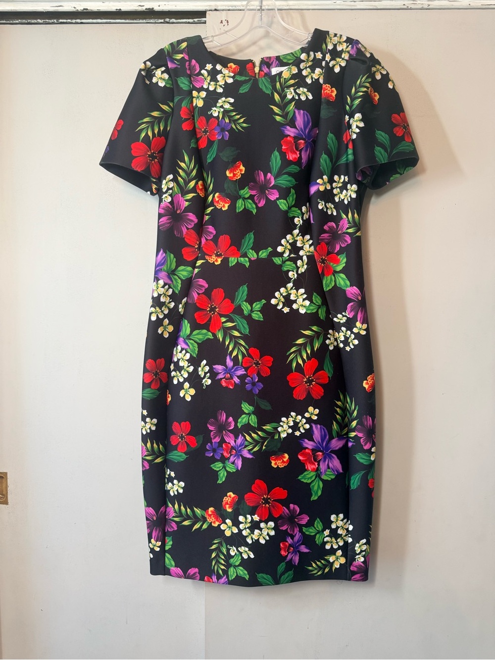 Calvin Klein Black Midi Dress with Red & Purple Floral Print sz12 - Picture 2 of 5